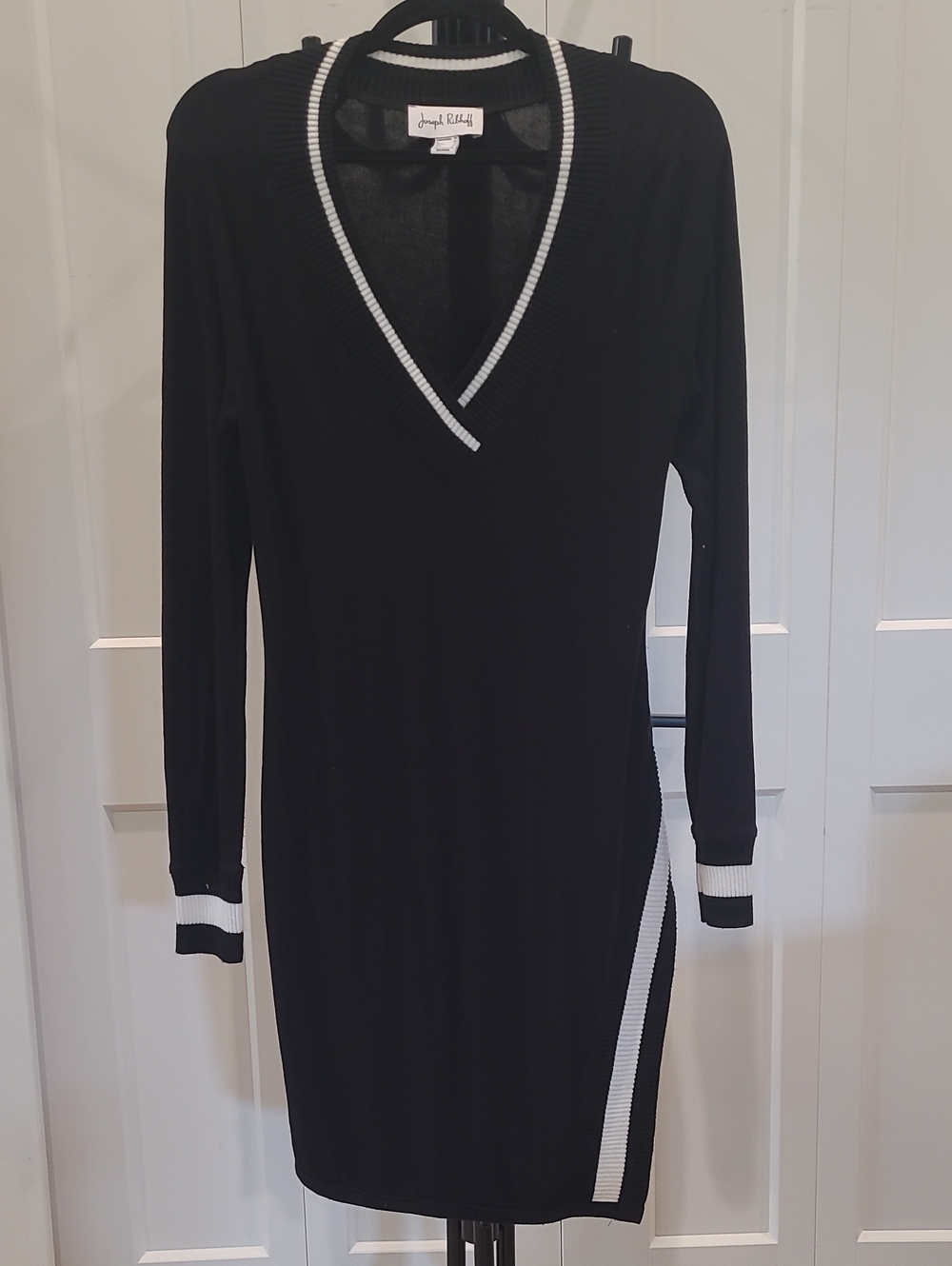 Joseph Ribkoff Black Long Sleeve Knit V-Neck Dress with White Trim